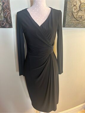 Ralph Lauren Black Long-Sleeve Faux-Wrap Dress with Gathered Side